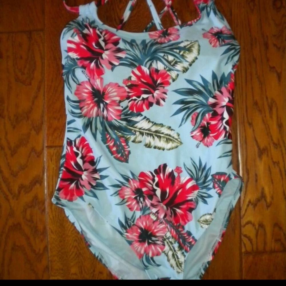 Kona Sol one-piece full coverage floral swimsuit, NEW